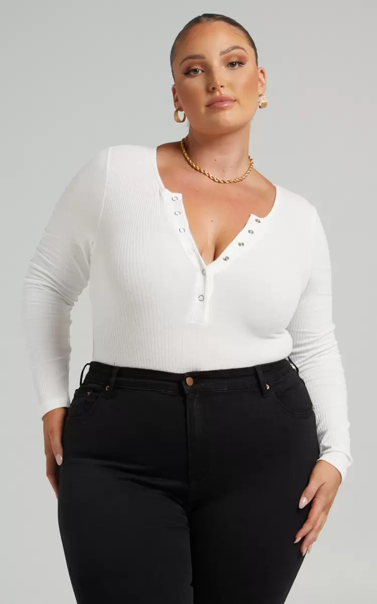 Tatem Bodysuit - Long Sleeve Button Front Bodysuit In White Showpo Women Basics - 1