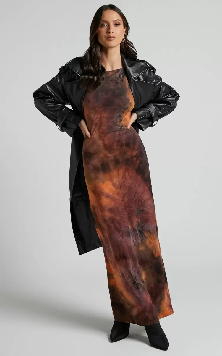 Showpo Women Basics Amayra Midi Dress - High Neck Bodycon Dress In Brown Tie Dye - 2