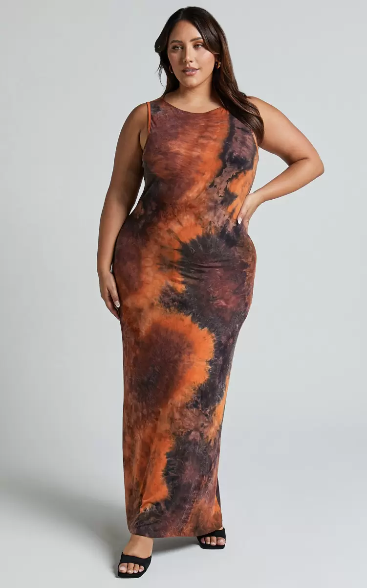 Showpo Women Basics Amayra Midi Dress - High Neck Bodycon Dress In Brown Tie Dye - 3