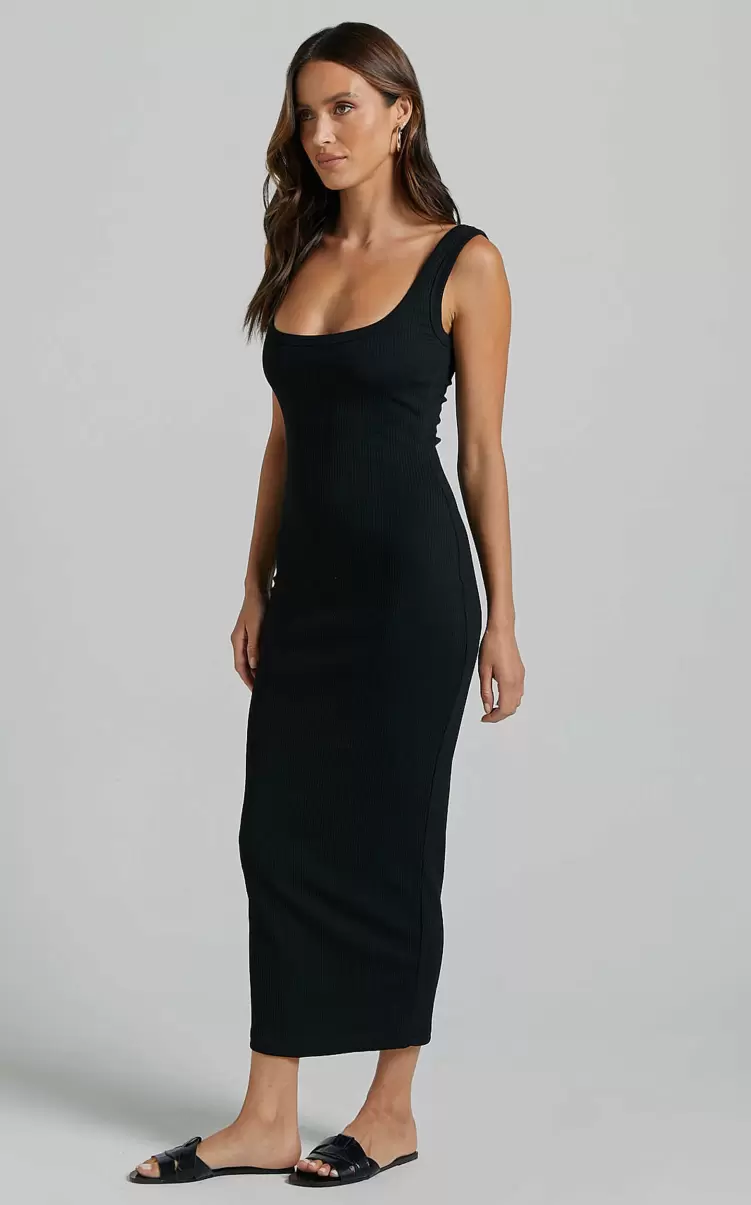 Revah Midi Dress - Scoop Neck Bodycon Ribbed Dress In Black Showpo Women Basics - 3