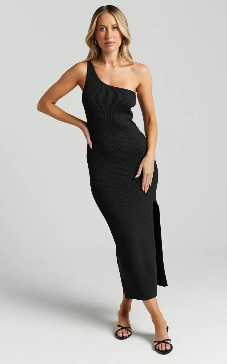 Women Basics Showpo Alexa Midi Dress - Knitted One Shoulder Thigh Split Dress In Black - 2