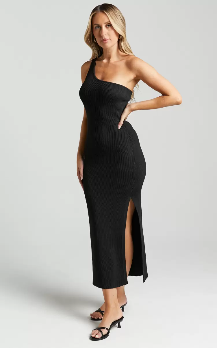 Women Basics Showpo Alexa Midi Dress - Knitted One Shoulder Thigh Split Dress In Black - 3