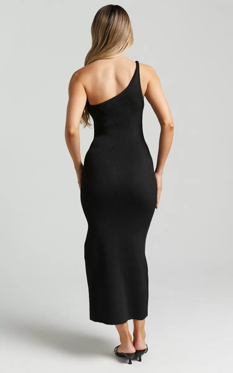 Women Basics Showpo Alexa Midi Dress - Knitted One Shoulder Thigh Split Dress In Black - 4