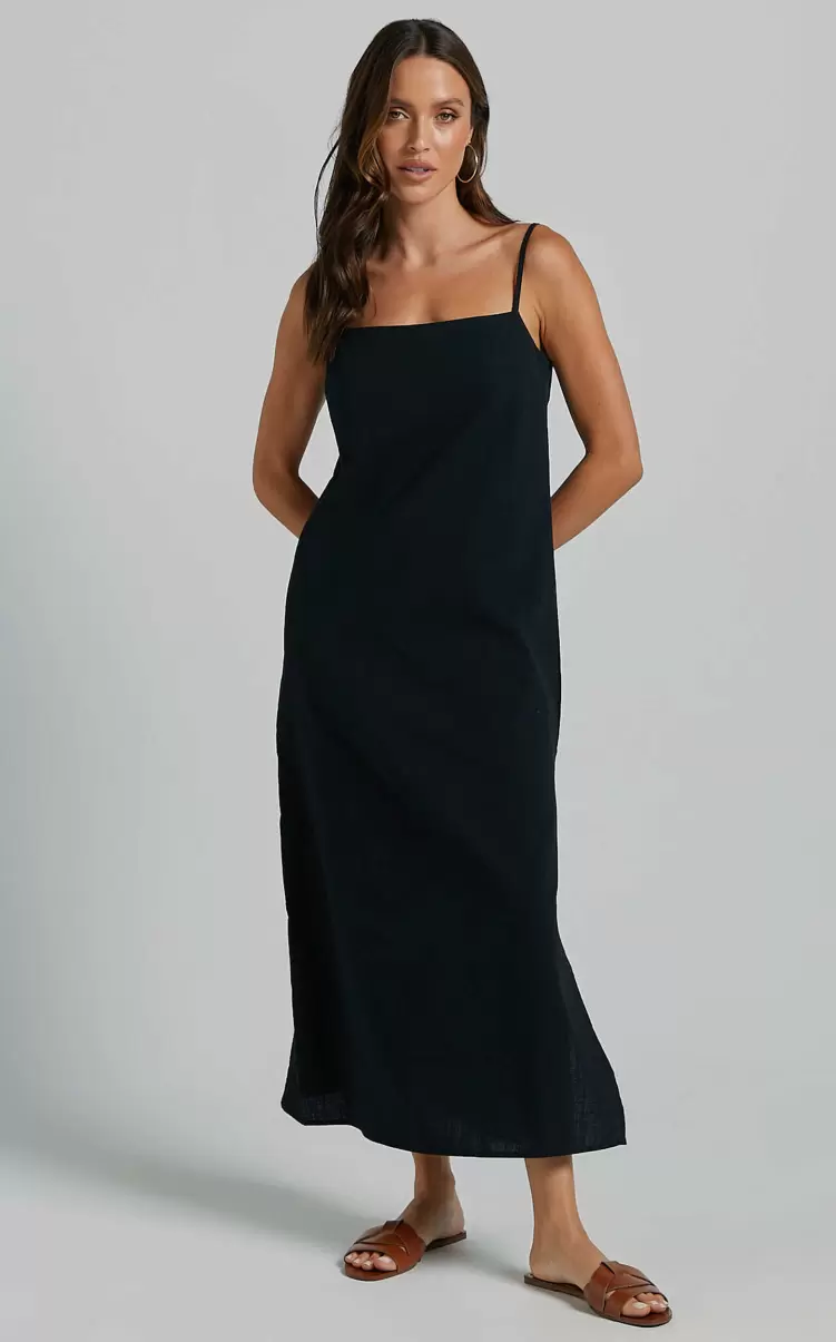 Alianna Midi Dress - Straight Neck Strappy Back Split A Line In Black Basics Women Showpo - 1