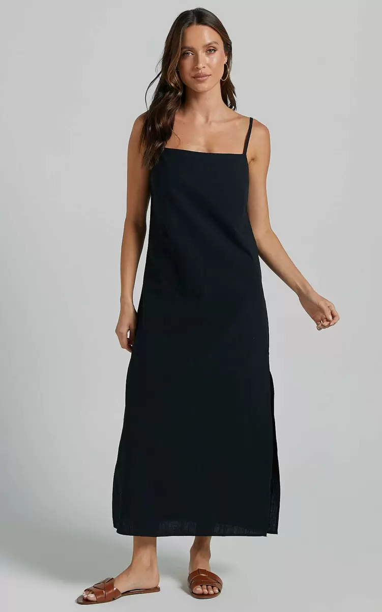 Alianna Midi Dress - Straight Neck Strappy Back Split A Line In Black Basics Women Showpo - 2