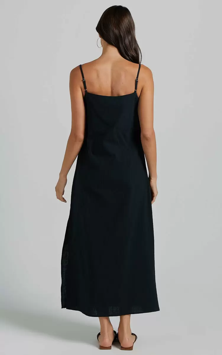 Alianna Midi Dress - Straight Neck Strappy Back Split A Line In Black Basics Women Showpo - 4