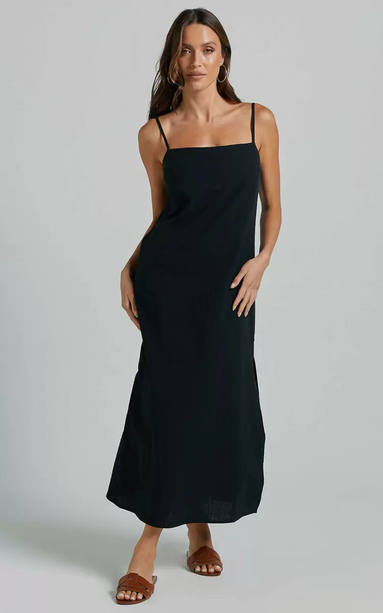 Alianna Midi Dress - Straight Neck Strappy Back Split A Line In Black Basics Women Showpo