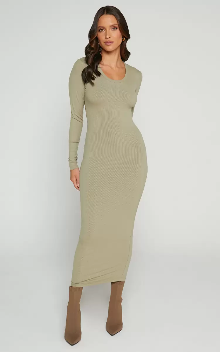 Hawkins Midi Dress - Long Sleeve Bodycon Dress In Light Moss Showpo Women Basics - 2