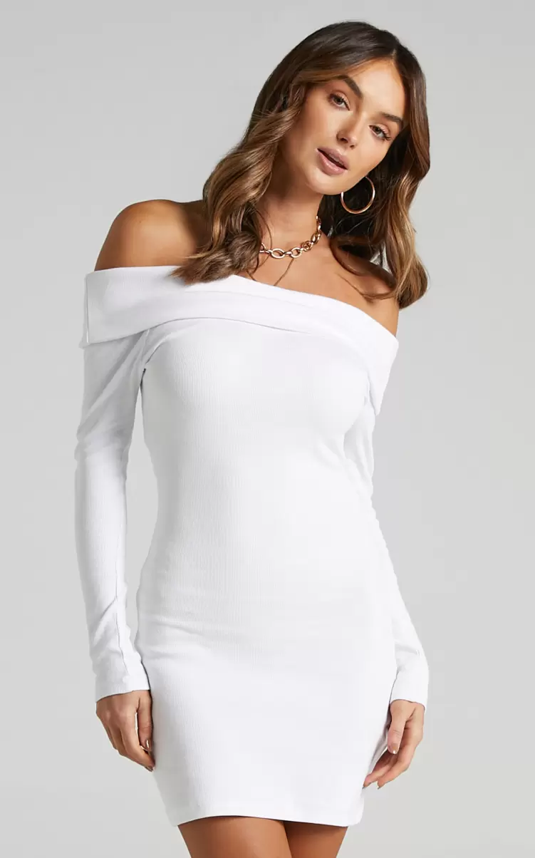 Showpo Basics Barker Mini Dress - Off Shoulder Bodycon Dress In Cream Women - 1