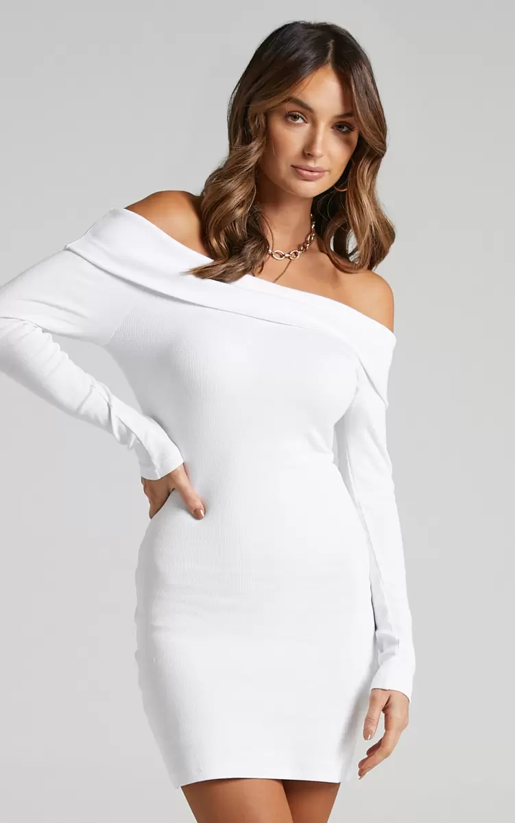 Showpo Basics Barker Mini Dress - Off Shoulder Bodycon Dress In Cream Women - 2