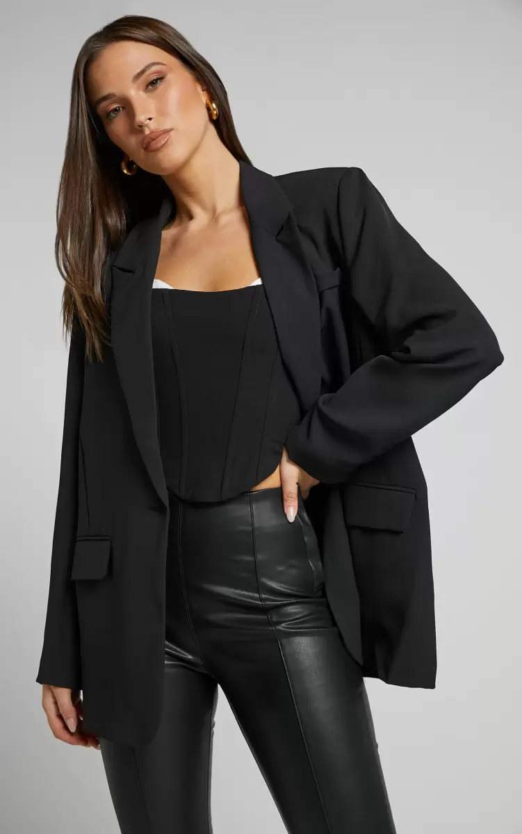Blazers Showpo Michelle Blazer - Oversized Plunge Neck Button Up Blazer In Black Women