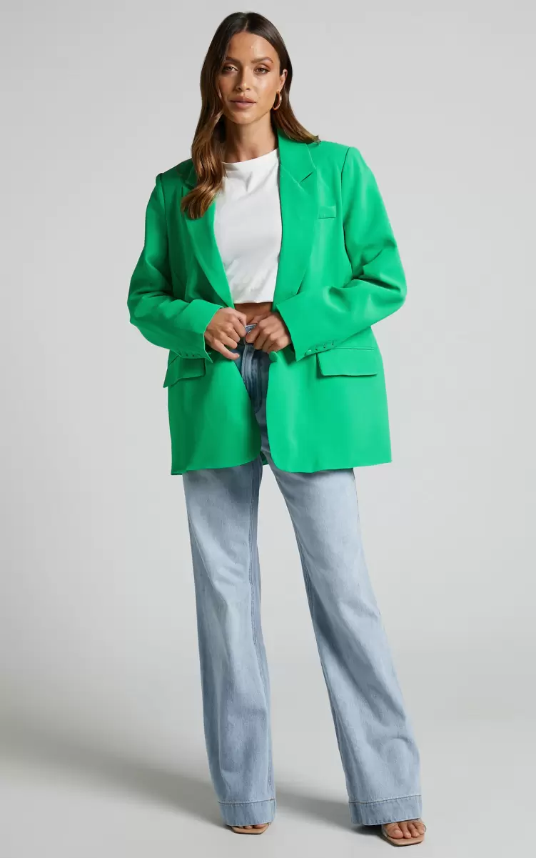Women Blazers Michelle Blazer - Oversized Plunge Neck Button Up Blazer In Green Showpo - 1