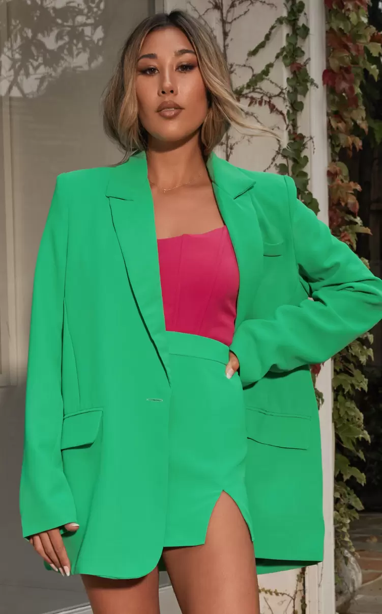 Women Blazers Michelle Blazer - Oversized Plunge Neck Button Up Blazer In Green Showpo - 3