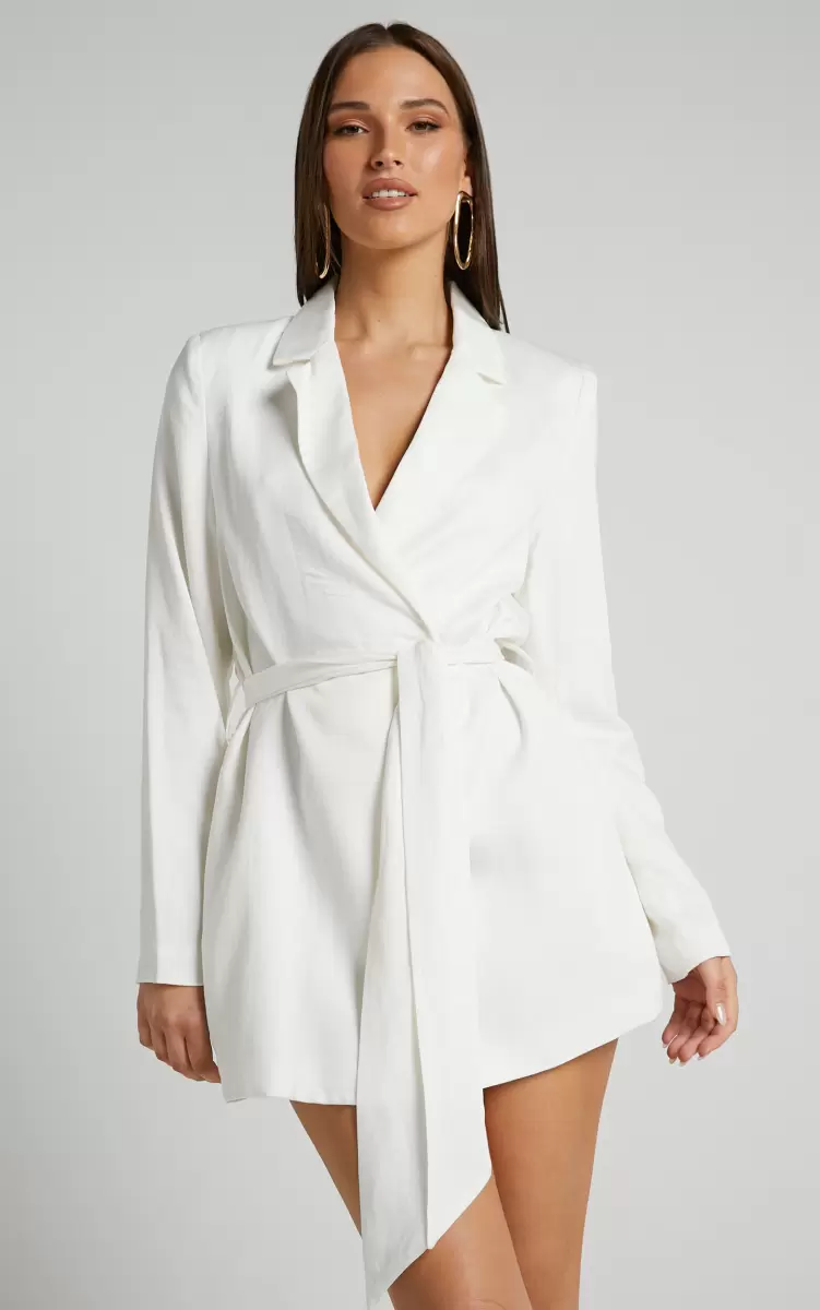 Women Amalie The Label - Lotte Linen Look Tie Waist Wrap Blazer Dress In White Blazers Showpo - 1