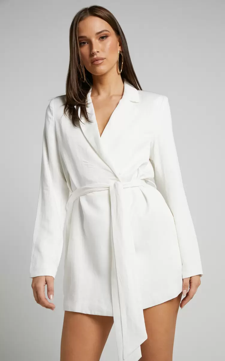 Women Amalie The Label - Lotte Linen Look Tie Waist Wrap Blazer Dress In White Blazers Showpo - 3