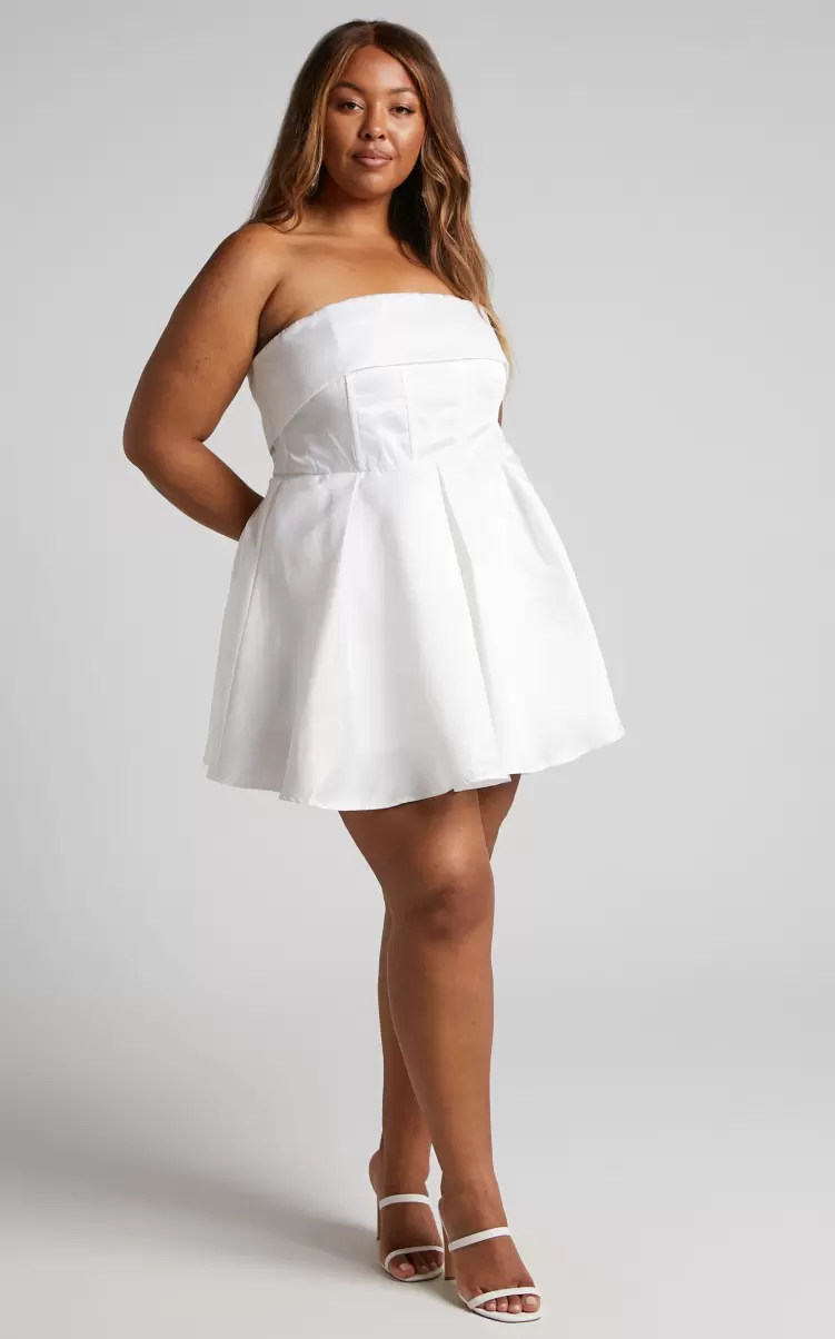 Women Showpo Valora Mini Dress - Strapless Fit And Flare Satin Dress In Ivory Curve Clothes - 1
