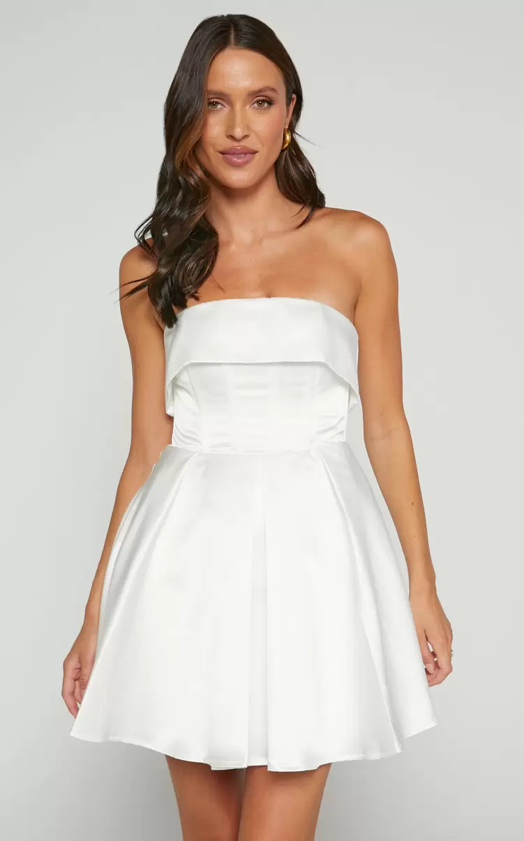Women Showpo Valora Mini Dress - Strapless Fit And Flare Satin Dress In Ivory Curve Clothes - 2