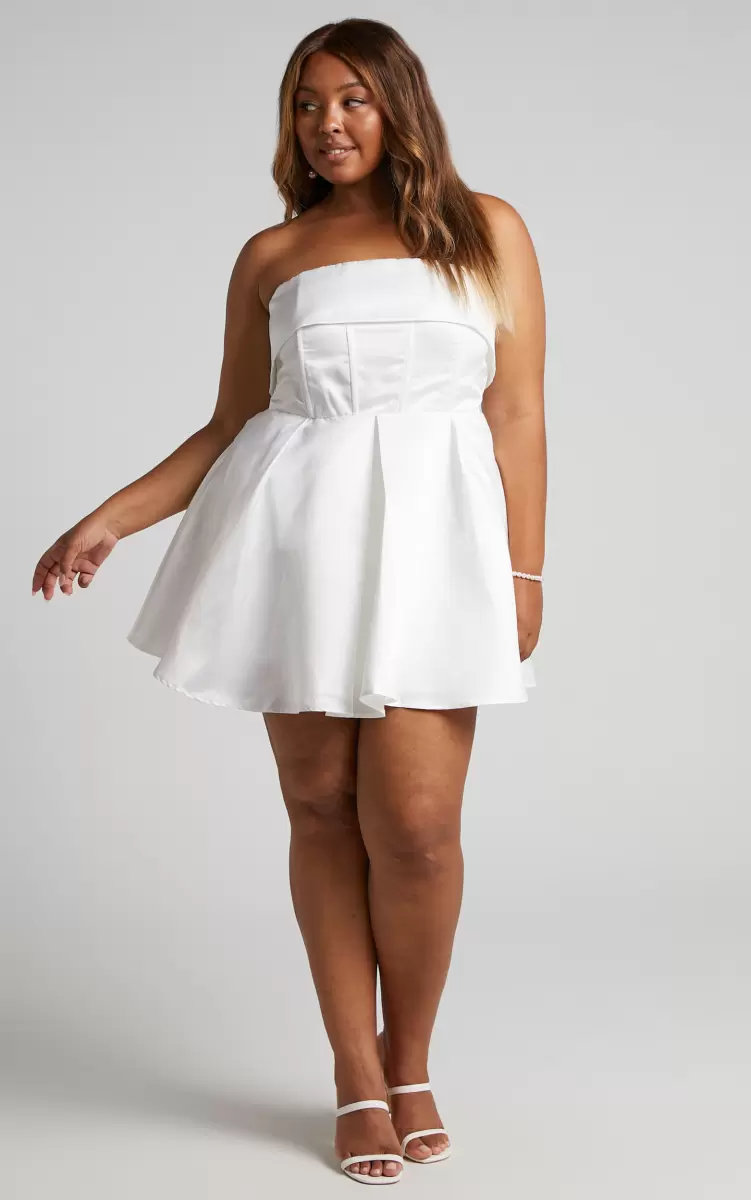 Women Showpo Valora Mini Dress - Strapless Fit And Flare Satin Dress In Ivory Curve Clothes - 3