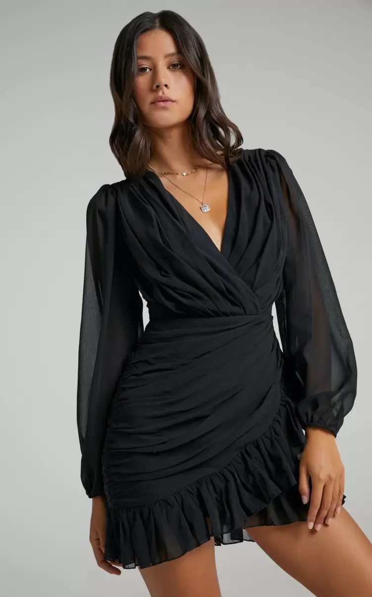 Women Showpo Can I Be Your Honey Mini Dress - Plunge Balloon Sleeve Dress In Black Curve Clothes - 2