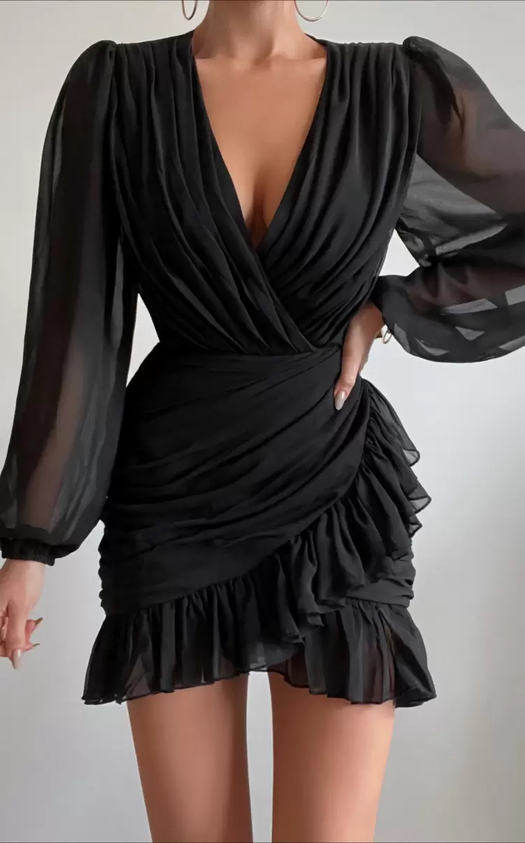 Women Showpo Can I Be Your Honey Mini Dress - Plunge Balloon Sleeve Dress In Black Curve Clothes
