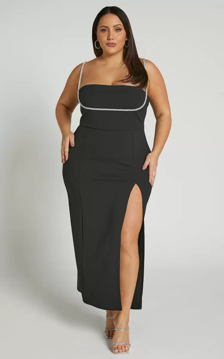 Sharley Midi Dress - Diamante Detail Pencil Dress In Black Curve Clothes Showpo Women - 1