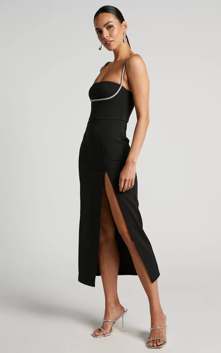 Sharley Midi Dress - Diamante Detail Pencil Dress In Black Curve Clothes Showpo Women - 2