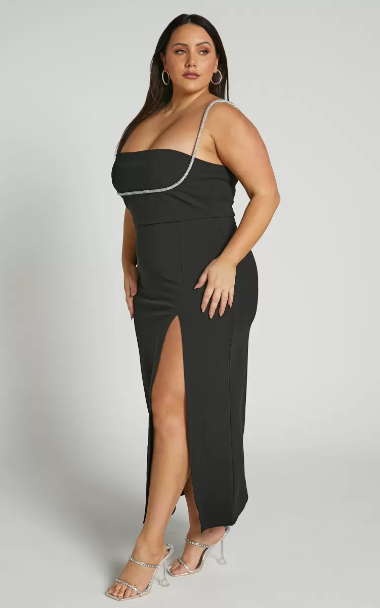 Sharley Midi Dress - Diamante Detail Pencil Dress In Black Curve Clothes Showpo Women - 3