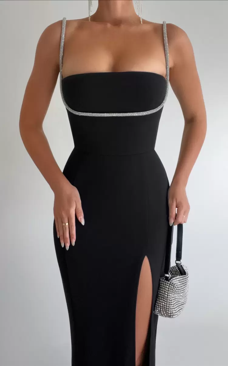 Sharley Midi Dress - Diamante Detail Pencil Dress In Black Curve Clothes Showpo Women