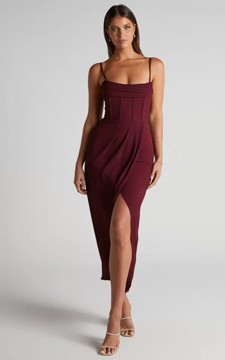 Showpo Andrina Midi Dress - High Low Wrap Corset Dress In Wine Curve Clothes Women - 2