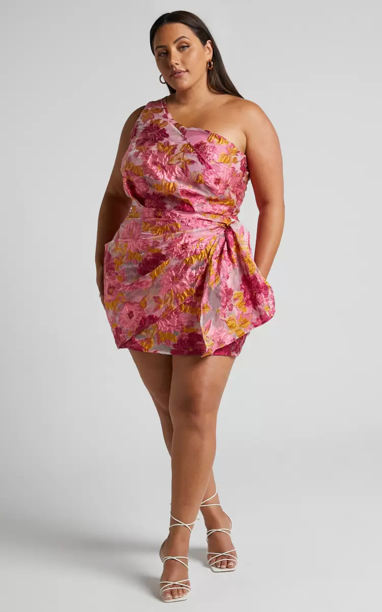 Curve Clothes Brailey Mini Dress - One Shoulder Wrap Front Dress In Pink Jacquard Showpo Women - 3