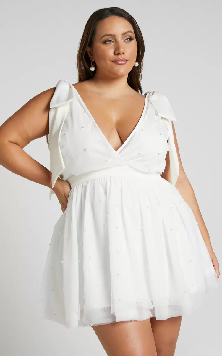 Curve Clothes Showpo Karalyn Mini Dress - Bow Strap Plunge Pearl Detail Dress In White Women - 1