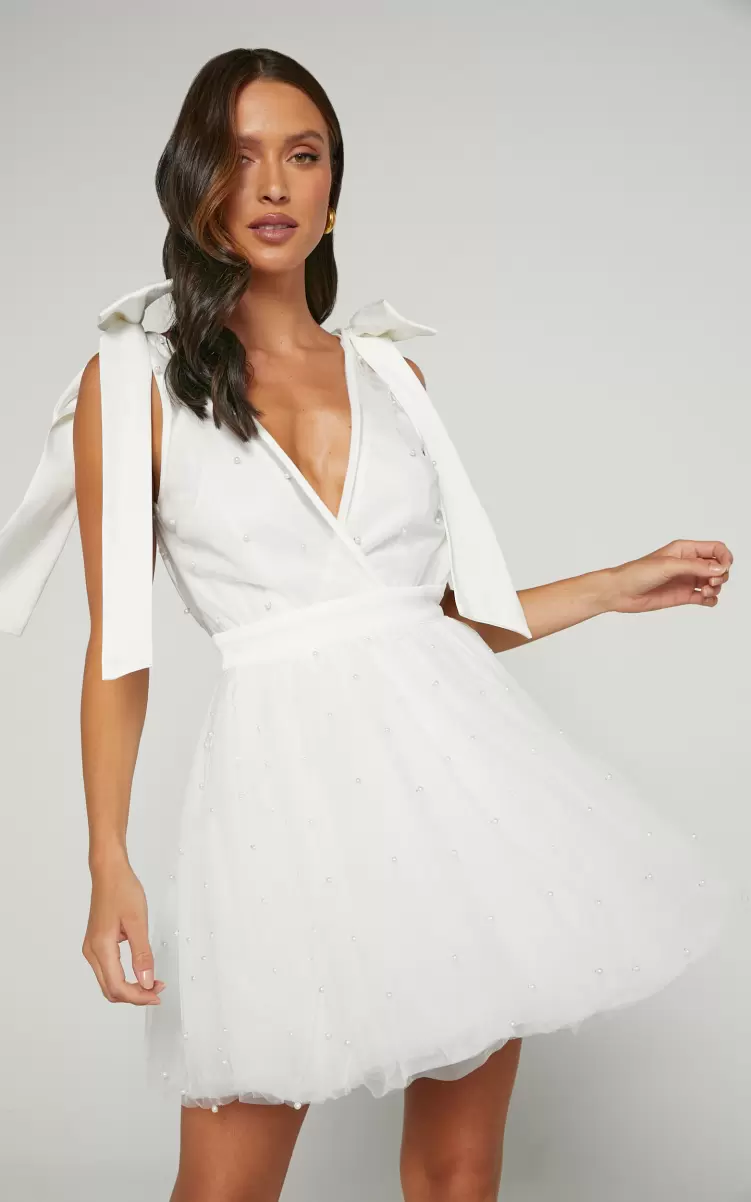 Curve Clothes Showpo Karalyn Mini Dress - Bow Strap Plunge Pearl Detail Dress In White Women - 2
