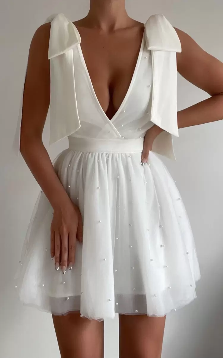 Curve Clothes Showpo Karalyn Mini Dress - Bow Strap Plunge Pearl Detail Dress In White Women - 3