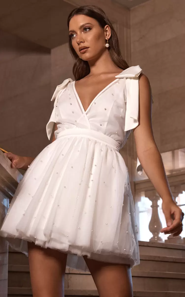 Curve Clothes Showpo Karalyn Mini Dress - Bow Strap Plunge Pearl Detail Dress In White Women - 4