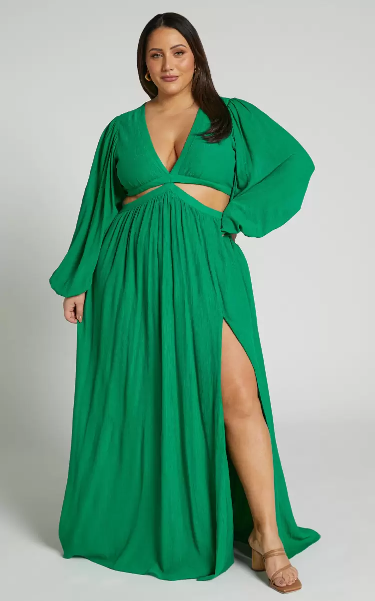 Showpo Paige Maxi Dress - Side Cut Out Balloon Sleeve Dress In Green Women Curve Clothes - 1