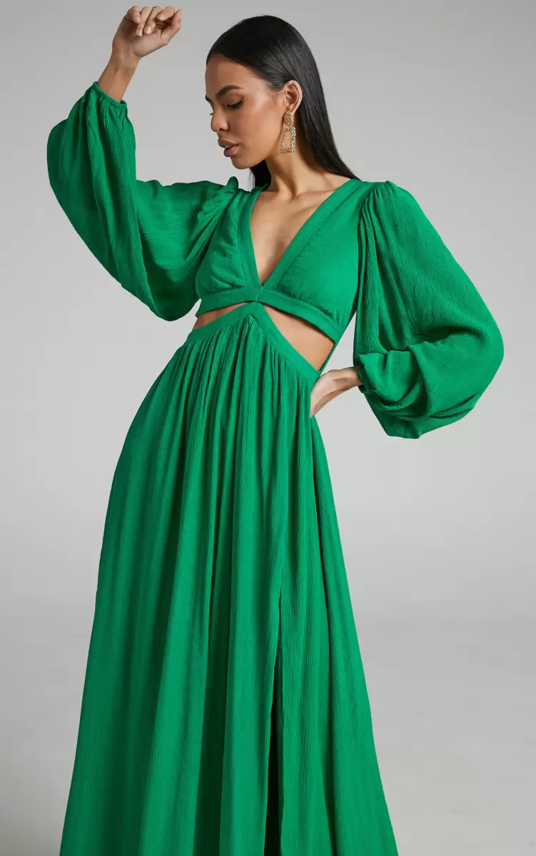 Showpo Paige Maxi Dress - Side Cut Out Balloon Sleeve Dress In Green Women Curve Clothes - 2