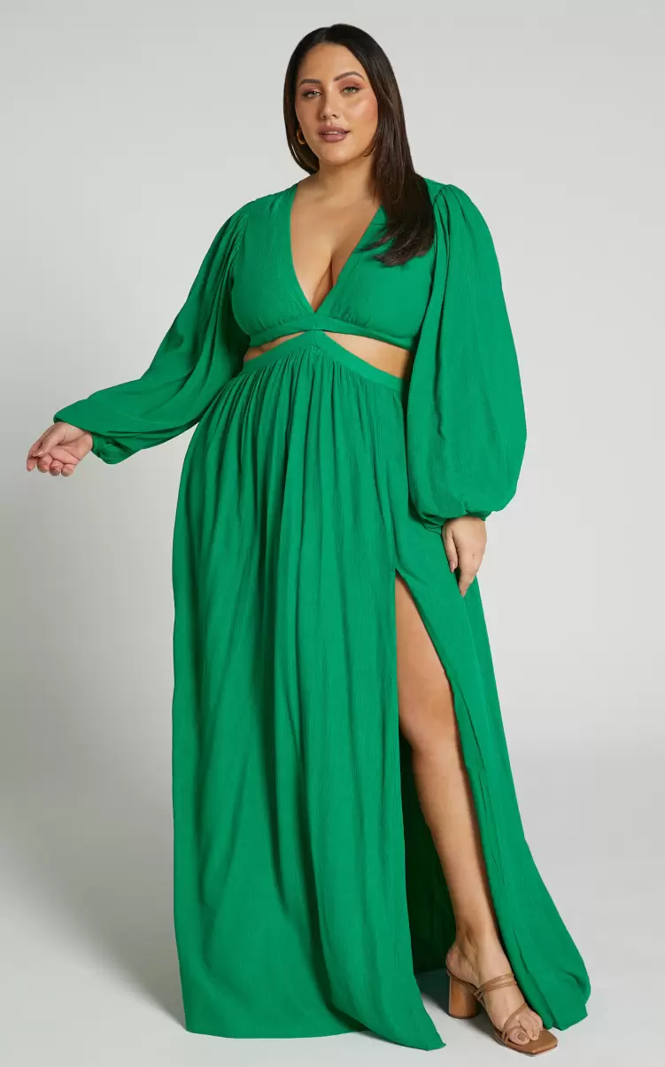 Showpo Paige Maxi Dress - Side Cut Out Balloon Sleeve Dress In Green Women Curve Clothes - 3