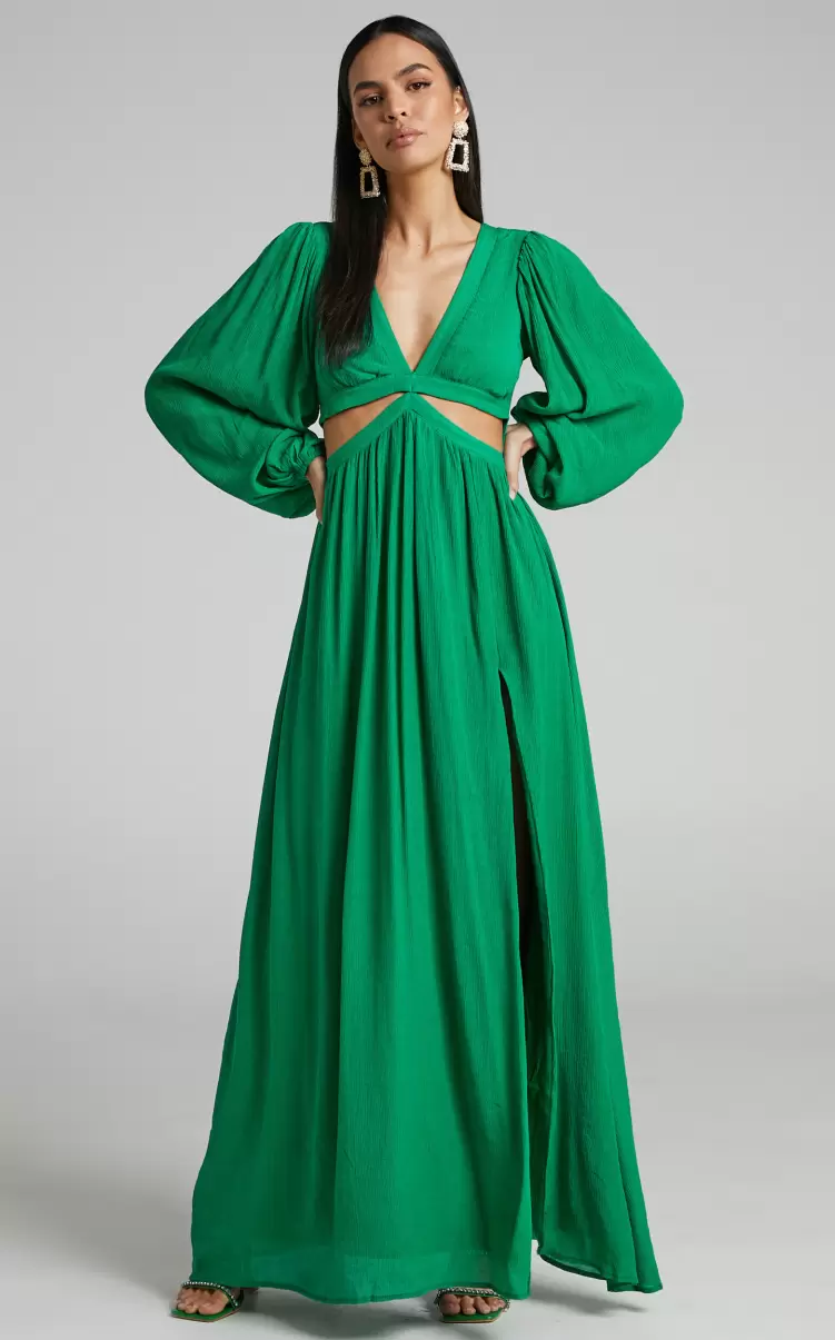 Showpo Paige Maxi Dress - Side Cut Out Balloon Sleeve Dress In Green Women Curve Clothes - 4