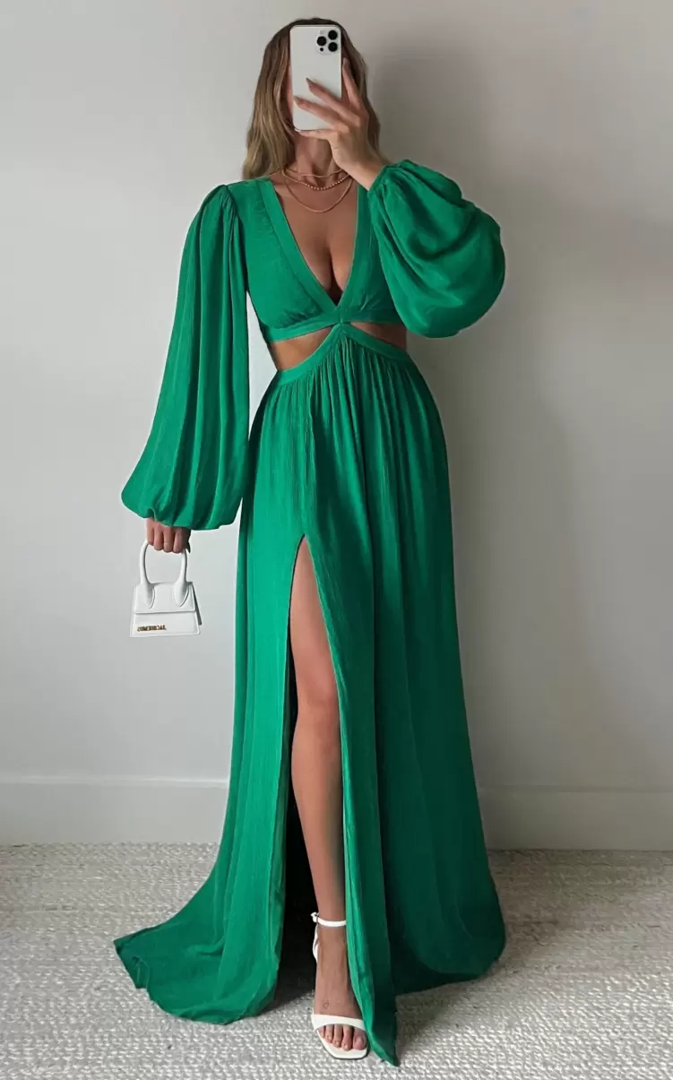 Showpo Paige Maxi Dress - Side Cut Out Balloon Sleeve Dress In Green Women Curve Clothes