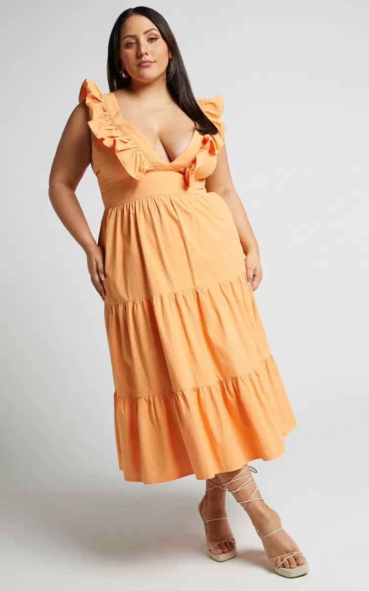 Levona Midi Dress - Ruffle Shoulder Tiered Dress In Orange Women Showpo Curve Clothes - 1