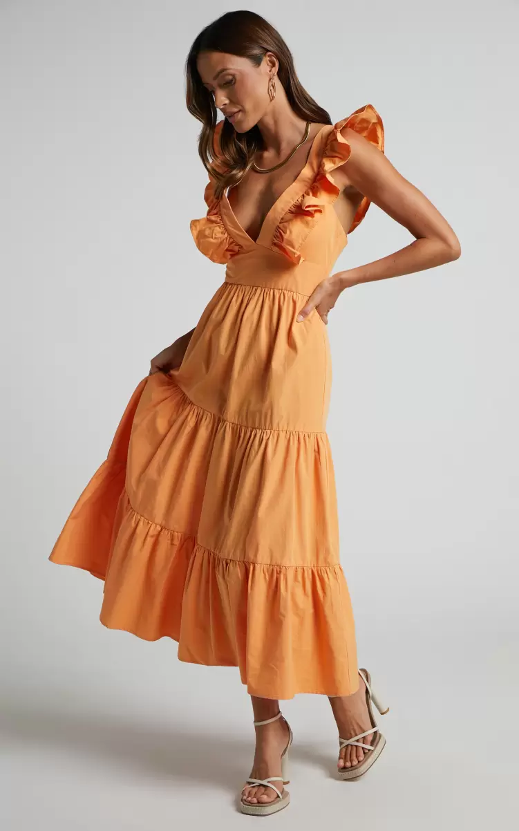 Levona Midi Dress - Ruffle Shoulder Tiered Dress In Orange Women Showpo Curve Clothes - 2