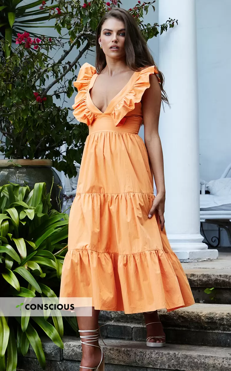 Levona Midi Dress - Ruffle Shoulder Tiered Dress In Orange Women Showpo Curve Clothes