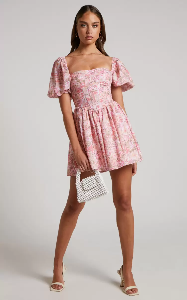 Women Phorchia Mini Dress - Fit And Flare Puff Sleeve Corset Dress In Fleur Print Curve Clothes Showpo - 3