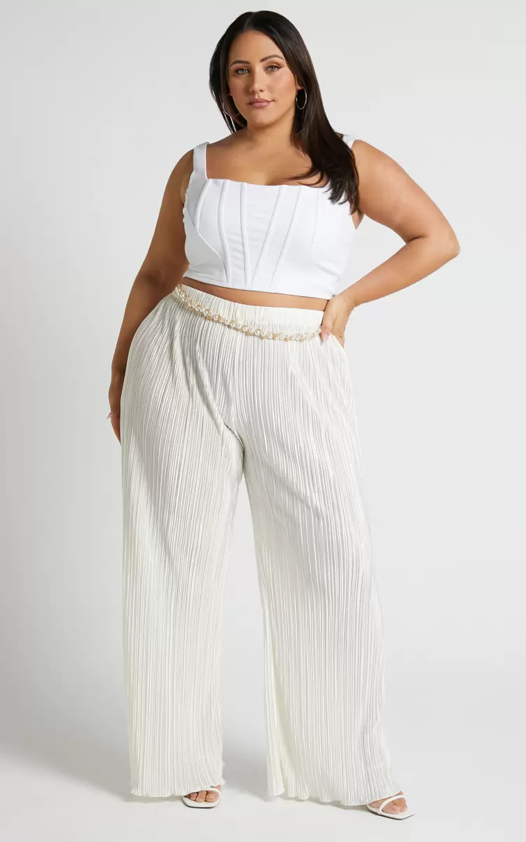 Women Showpo Curve Clothes Beca Pants - High Waisted Plisse Flared Pants In Cream - 1