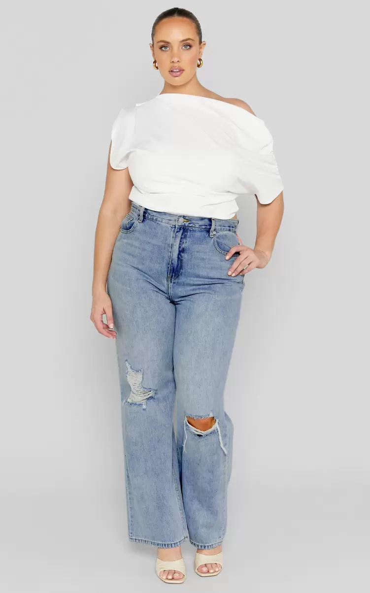 Showpo Women Curve Clothes Miho Jeans - High Waisted Recycled Cotton Distressed Wide Leg Denim Jeans In Mid Blue Wash - 1