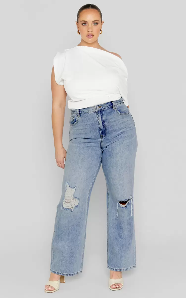 Showpo Women Curve Clothes Miho Jeans - High Waisted Recycled Cotton Distressed Wide Leg Denim Jeans In Mid Blue Wash - 3