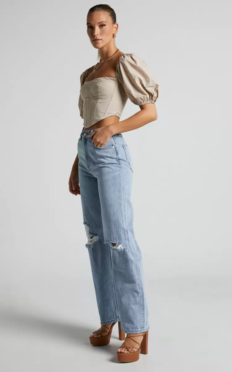 Showpo Women Curve Clothes Miho Jeans - High Waisted Recycled Cotton Distressed Wide Leg Denim Jeans In Mid Blue Wash - 4