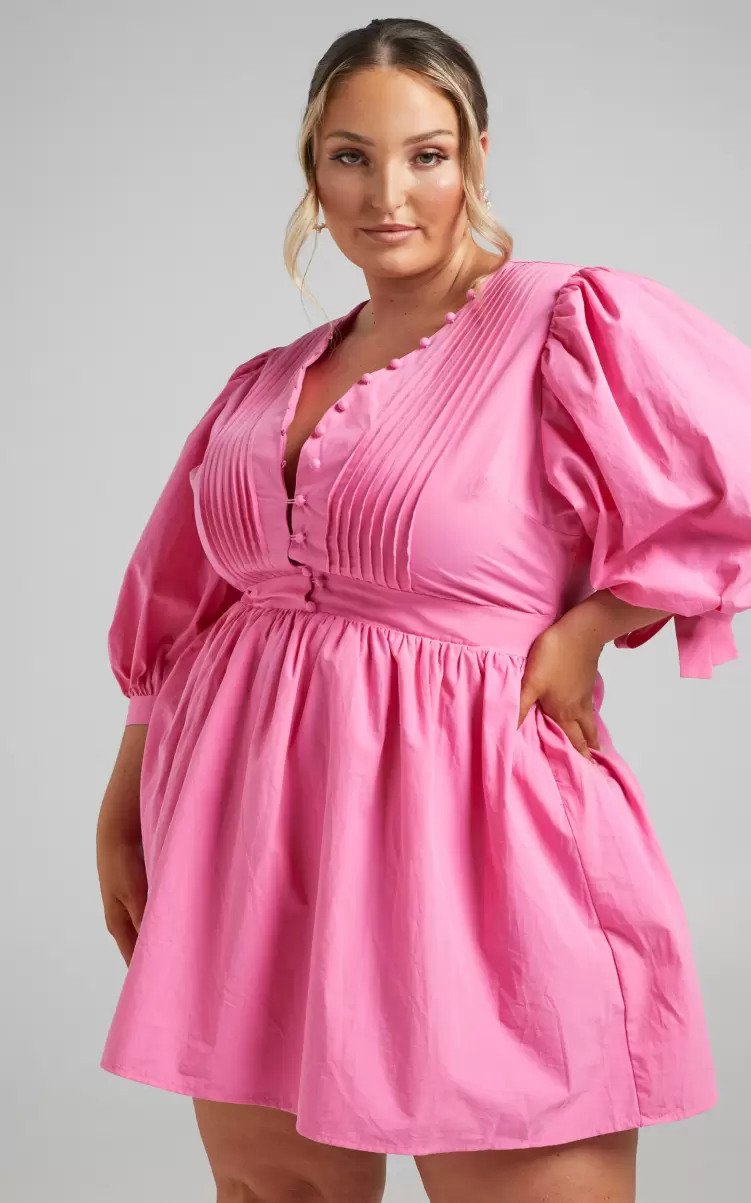 Zandra Mini Dress - Puff Sleeve Poplin Dress In Ice Pink Women Showpo Curve Clothes - 3