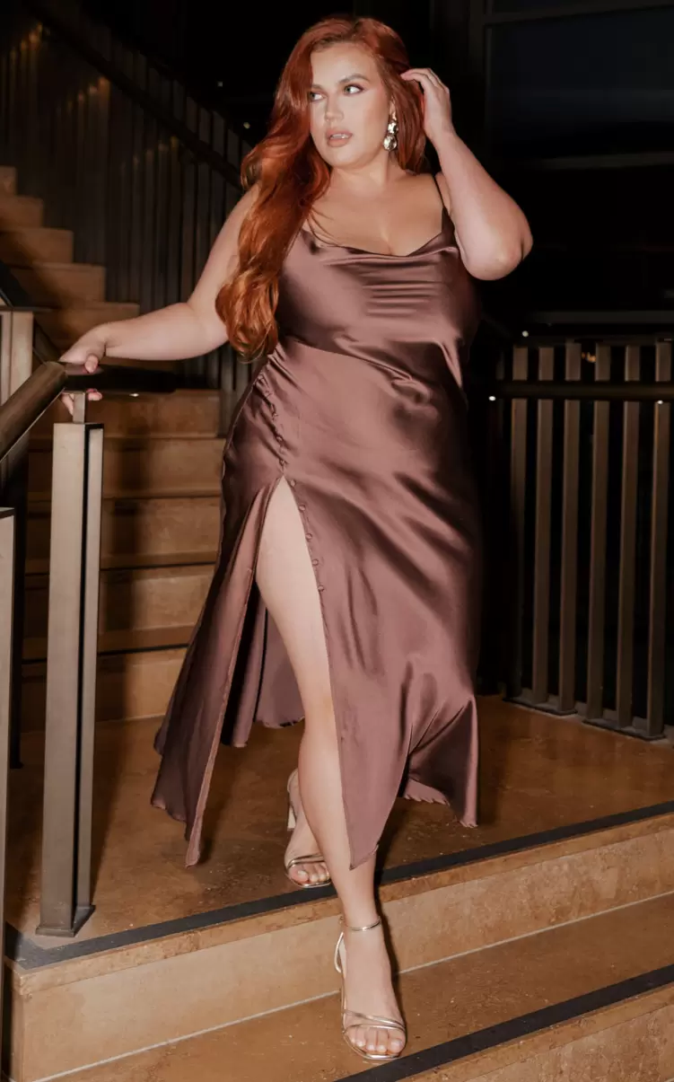 Flordeliza Midi Dress - Cowl Neck Thigh Slit Slip Dress In Chocolate Showpo Women Curve Clothes - 1