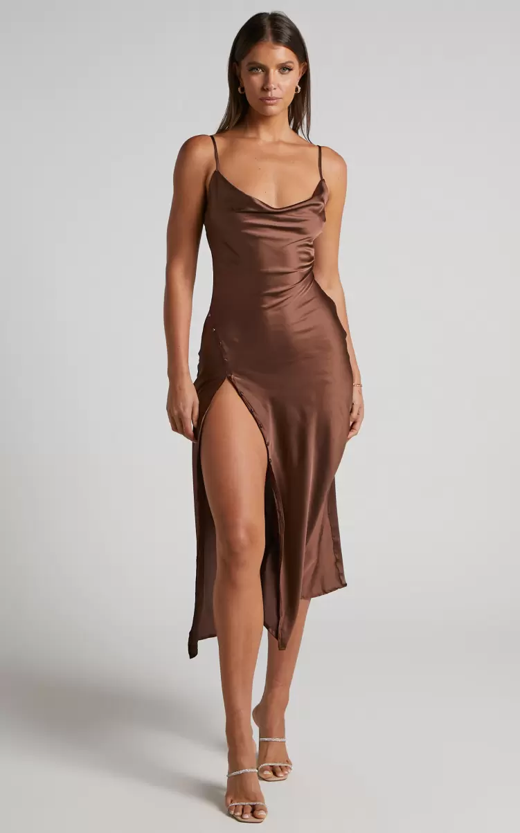 Flordeliza Midi Dress - Cowl Neck Thigh Slit Slip Dress In Chocolate Showpo Women Curve Clothes - 2